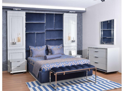 Design Group Bedroom Double bed Bed Bedside tables Set 7pcs Blue