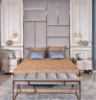 Luxury Suite Bedroom Double bed Bed Bedside tables Set 5pcs Beige