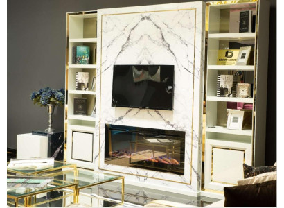 Wall unit TV cabinet Lowboard TV stand White Luxury Gold Vittinen Wood Modern