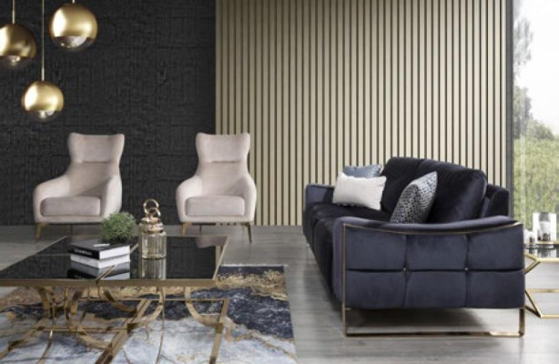 Classic Sofa 3 Seat Design Living room Upholstery Wood Upholstery Modern Luxury Blue