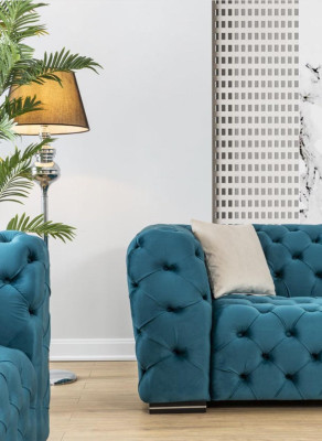 Chesterfield Sofa 4 Seat Design Living room Upholstery Wood Upholstery Luxury Blue