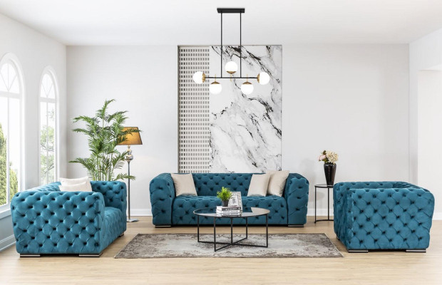 Chesterfield Sofa 4 Seat Design Living room Upholstery Wood Upholstery Luxury Blue