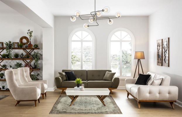 Classic Sofa 2 Seat Design Living room Upholstery Wood Leather Modern Luxury Beige