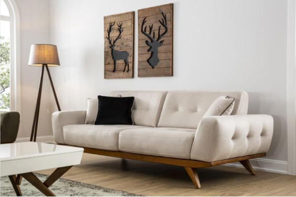 Classic Sofa 2 Seat Design Living room Upholstery Wood Leather Modern Luxury Beige