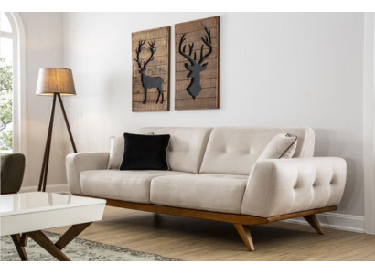 Classic Sofa 2 Seat Design Living room Upholstery Wood Leather Modern Luxury Beige