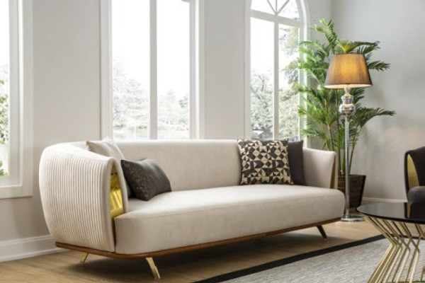 Modern Sofa 2 Seater Upholstered Sofa White Textile Seat Design Couch Sofas Fabric