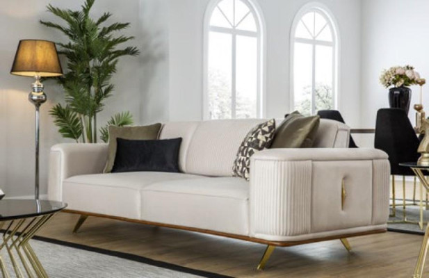 Modern Sofa 3 Seater Upholstered Sofa White Textill Seat Design Couch Sofas Fabric