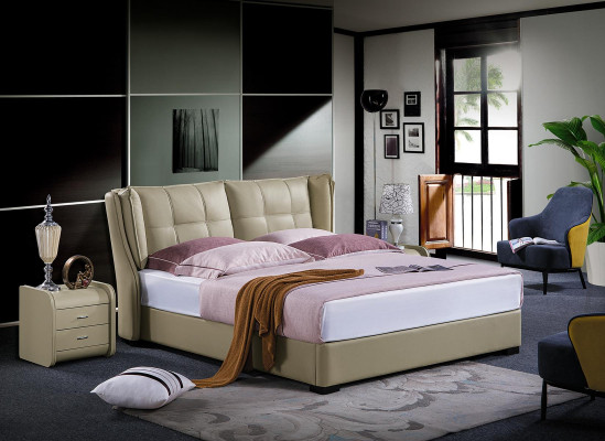 Classic s Bedroom Bed Beige Textile Beds Leather Upholstery Double 180x200cm.