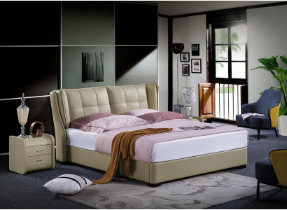 Classic s Bedroom Bed Beige Textile Beds Leather Upholstery Double 180x200cm.