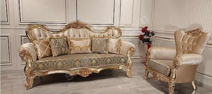Chesterfield Baroque Three Seater Couch Furniture Sofa Fabric Gold Couches