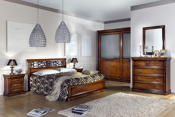 Complete Bedroom Set Brown Wardrobe Bed Bedside table Chest of drawers Mirror