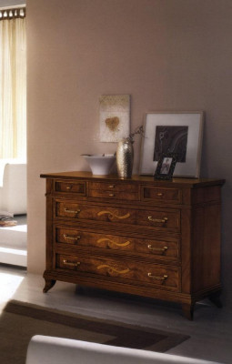 Wooden chest of drawers in classic style on elegant legs for living room or bedroom