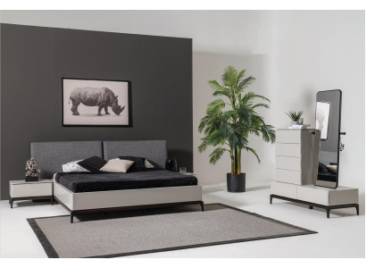 Modern black and white bedroom set (bed, two bedside tables, chest of drawers with mirror)