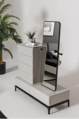 Modern black and white bedroom set (bed, two bedside tables, chest of drawers with mirror)