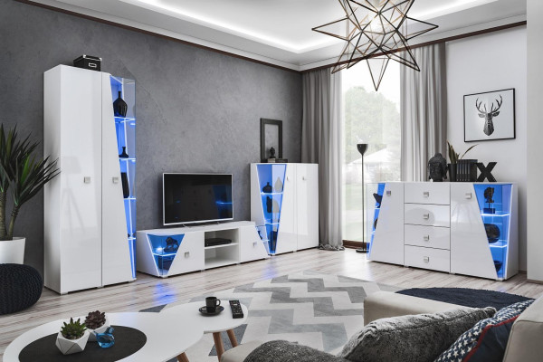 Luxury Living room Set White Wall unit 2x Display case Modern TV Lowboard Suite 3 pcs