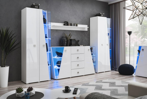 White Suite 4 pcs Wall unit Luxury Furniture Living room Set Chest of drawers new