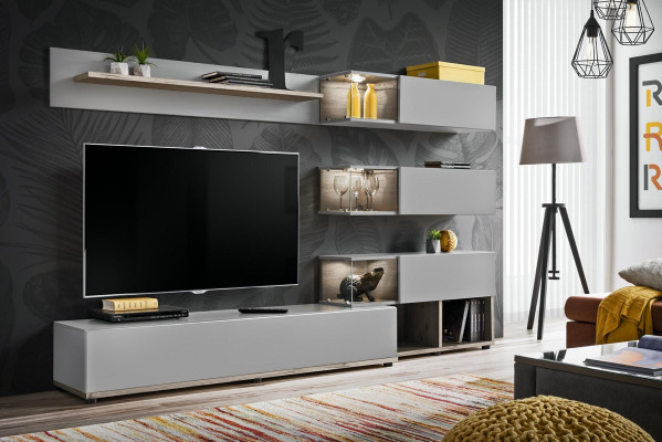 Gray Wall unit Living room Furniture Wood TV cabinet TV lowboard Modern Design Furnishings