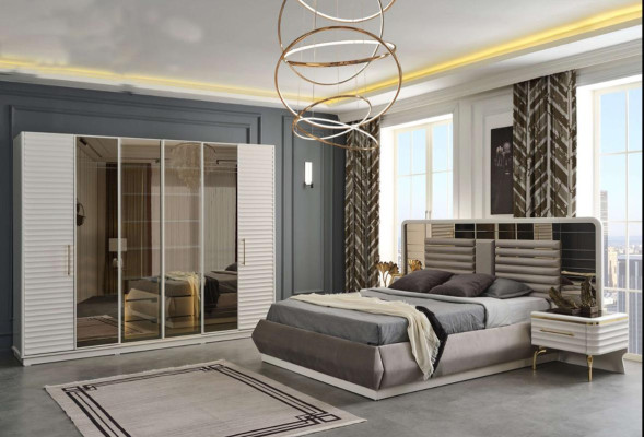 Modern Bedroom Furniture Designer Double bed 2x Wood Bedside tables 3pcs