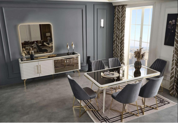 White -Gray Dining room Suite Wooden Table 6x Textile Chairs Sideboard 9pcs