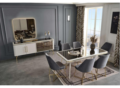 White -Gray Dining room Suite Wooden Table 6x Textile Chairs Sideboard 9pcs
