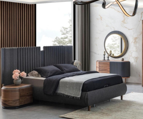 Modern Gray Bedroom Suite Textile Bed Wood Bedside tables Chest of drawers