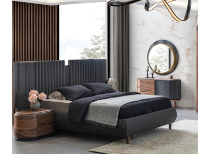 Modern Gray Bedroom Suite Textile Bed Wood Bedside tables Chest of drawers