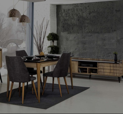 Dining room Group Designer Brown Dining table 4x Black upholstered chairs