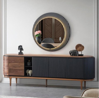 Stylish Suite Designer Brown Sideboard Round Mirror 2-Piece Wood Set