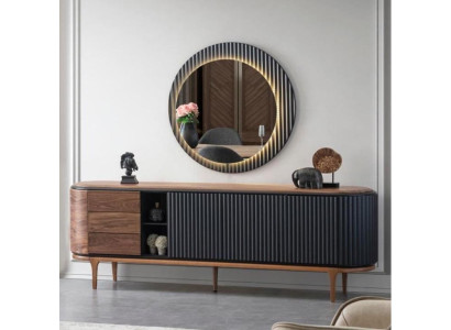 Stylish Suite Designer Brown Sideboard Round Mirror 2-Piece Wood Set