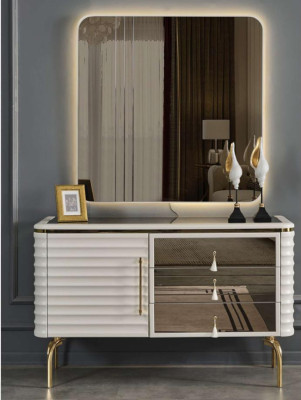 Stylish white chest of drawers with round LED mirror bedroom set 2 pieces