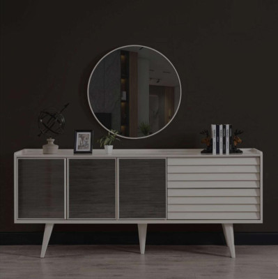 White sideboard luxurious round mirror designer wooden furniture 2-piece set new