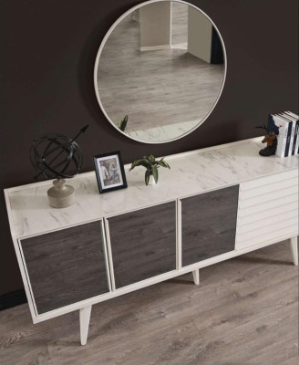 White sideboard luxurious round mirror designer wooden furniture 2-piece set new