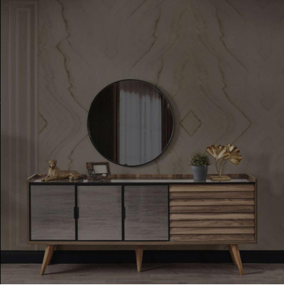 Brown Dining room Set Stylish Sideboard Round Mirror Wooden Furniture 2pcs