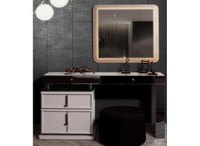 White Dressing table Designer Rectangular Mirror Ottoman 3-piece set