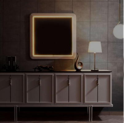 Modern Dining room Set Brown Sideboard Square Mirror 2pc Set