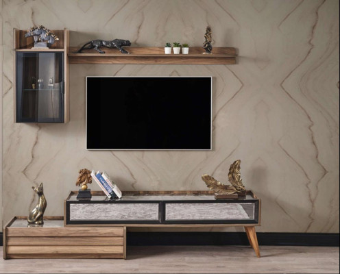 Modern Wall unit Designer Wood TV Wardrobe Luxury Wall Cabinet Shelf 3-piece