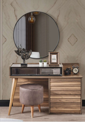 Brown Wood Dressing table with round mirror Designer Bedroom 2-piece Set Console