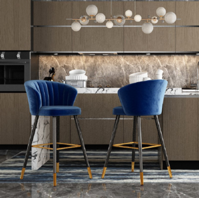Blue bar stool Designer Furniture stainless steel Upholstery 1-Seater wooden feet