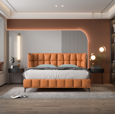 Orange Double bed Bedroom Furniture Textile Beds Wooden Frame Stylish