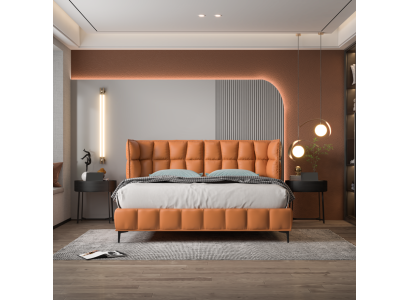 Orange Double bed Bedroom Furniture Textile Beds Wooden Frame Stylish