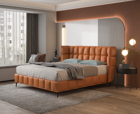 Orange Double bed Bedroom Furniture Textile Beds Wooden Frame Stylish