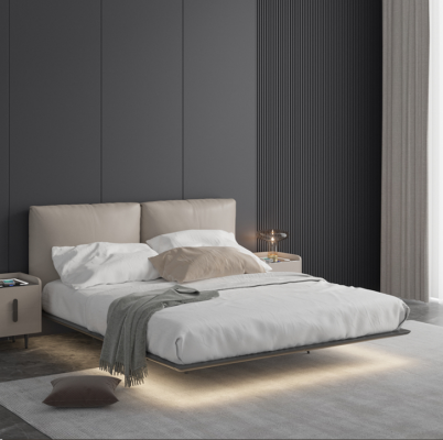 Light Gray Bedroom Wall Bed LED Bed Designer Wood Double Beds