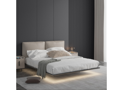 Light Gray Bedroom Wall Bed LED Bed Designer Wood Double Beds