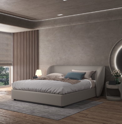 Gray designer bedroom double bed textile beds wood leather beds