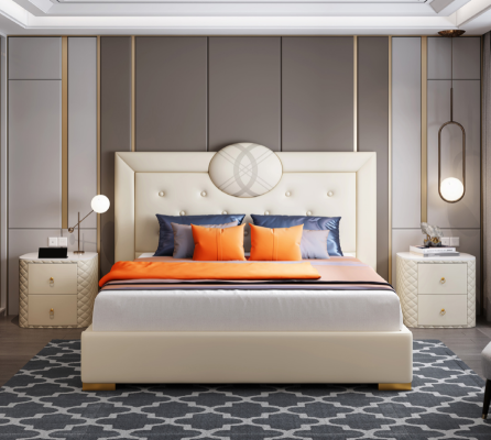 Large White Bedroom Double bed Designer Wooden Frame Modern Bed