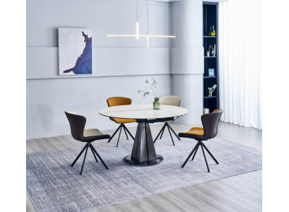 Modern dining set designer round table stylish 4x imitation leather chairs 5 pieces