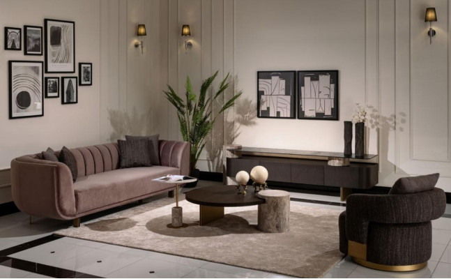 Living room Suite Sofa Armchair Brown Fabric Coffee tables Set 5pcs TV cabinet