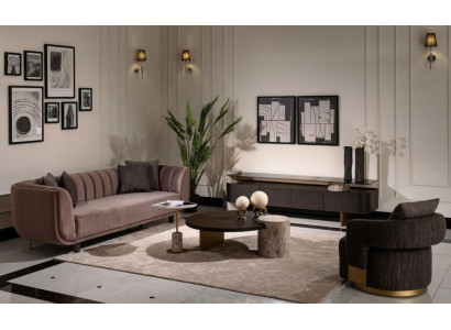 Living room Suite Sofa Armchair Brown Fabric Coffee tables Set 5pcs TV cabinet