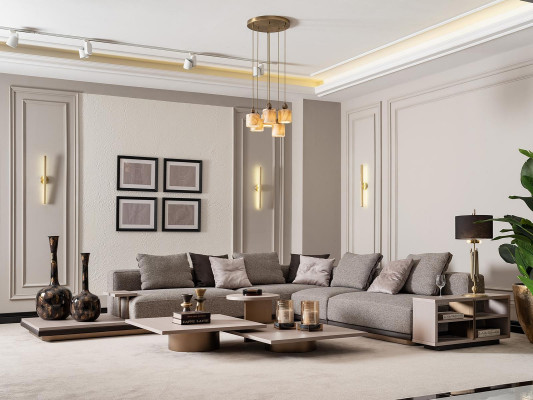 Living landscape Suite Living room Corner sofa Sofa Coffee tables 5-piece gray