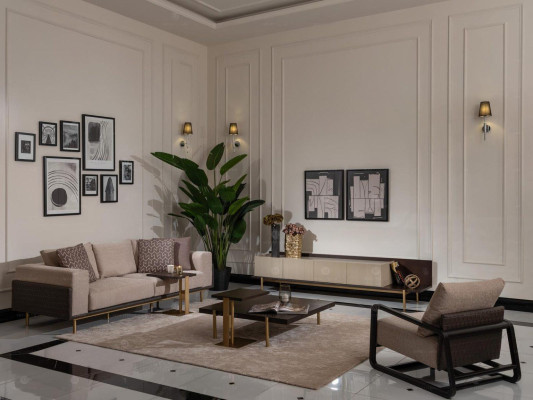 Complete e Living room Sofa Coffee tables 6-piece fabric sofa Beige Wood Modern